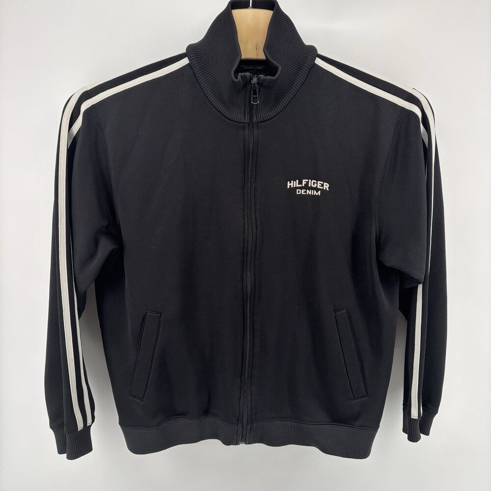 Tommy Jeans Hilfiger XL Black Track Jacket Full Zip Fleece Lined Y2K